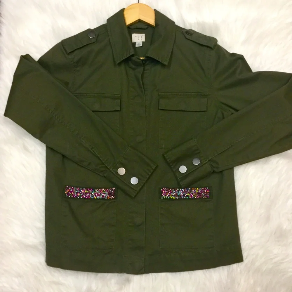 A NEW DAY sz Small Utility Jacket Beaded Trim Lightweight Pockets Olive Green